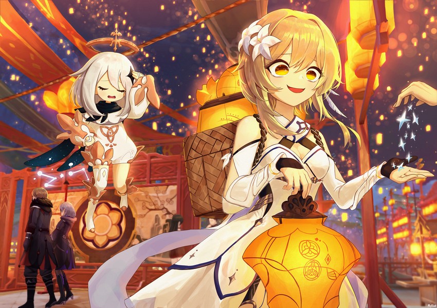 lumine, paimon, nadia, and vlad (genshin impact) drawn by pellas_(panix2383)
