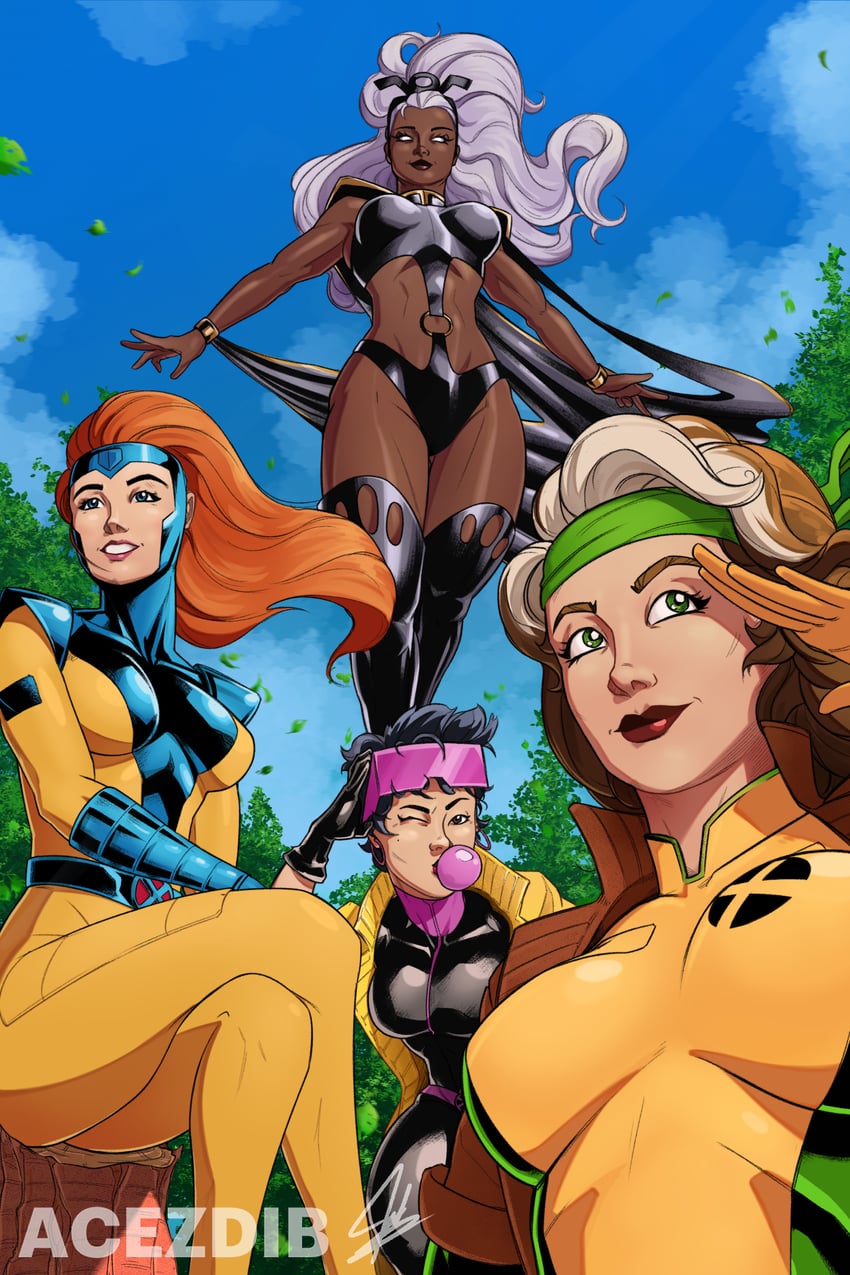 storm, rogue, jean grey, and jubilee (marvel and 2 more) drawn by acezdib
