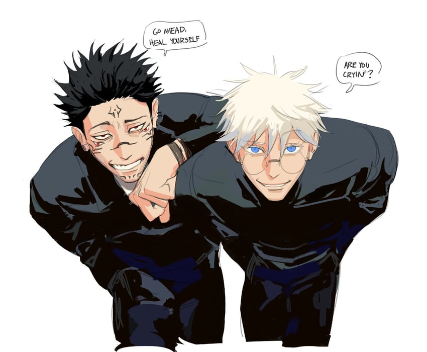 gojou satoru, fushiguro megumi, and ryoumen sukuna (jujutsu kaisen) drawn by iba_(kcokaine)