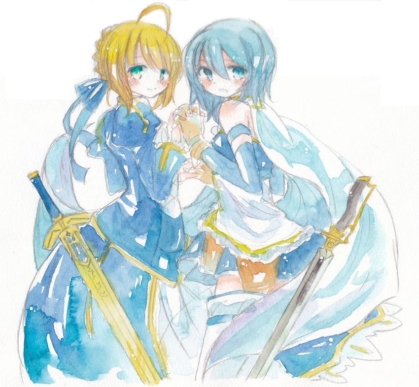 artoria pendragon, miki sayaka, and saber (fate and 2 more) drawn by fina_(sa47rin5)