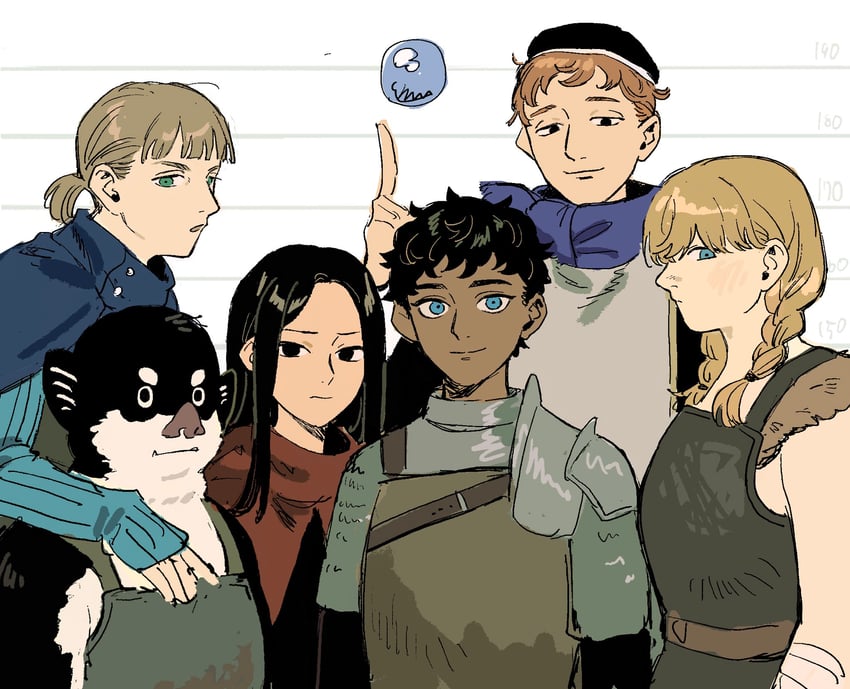 kabru, mickbell tomas, kuro, rin, holm kranom, and 1 more (dungeon meshi) drawn by sanpe