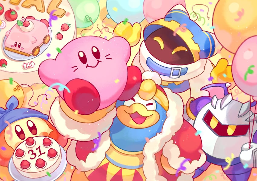 kirby, meta knight, king dedede, magolor, bandana waddle dee, and 1 more (kirby) drawn by jinglebunns