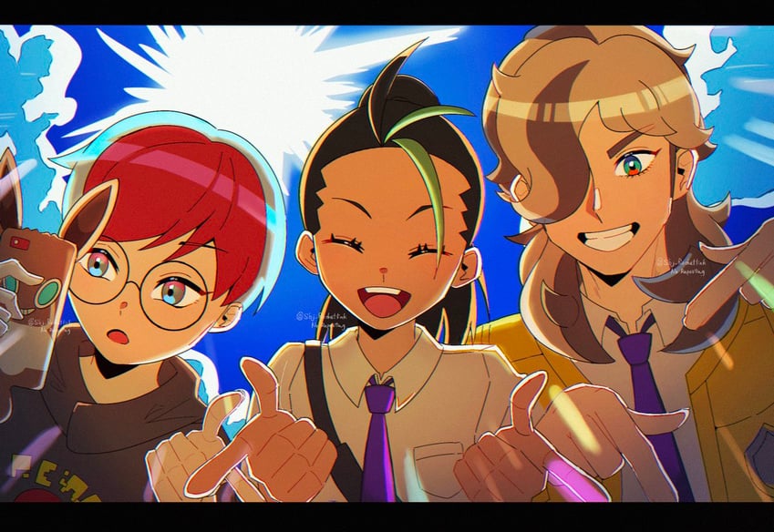 rotom, rotom phone, nemona, penny, and arven (pokemon and 2 more) drawn by yomogi_dango_(sbj_rocketlink)