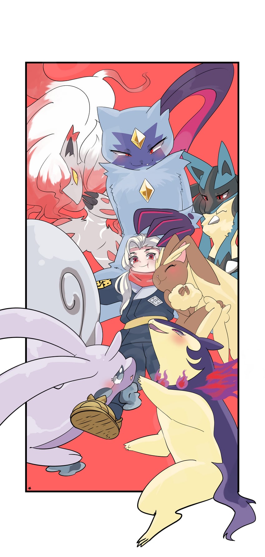 lucario, lopunny, hisuian typhlosion, hisuian zoroark, sneasler, and 1 more (original and 2 more) drawn by gpaper232