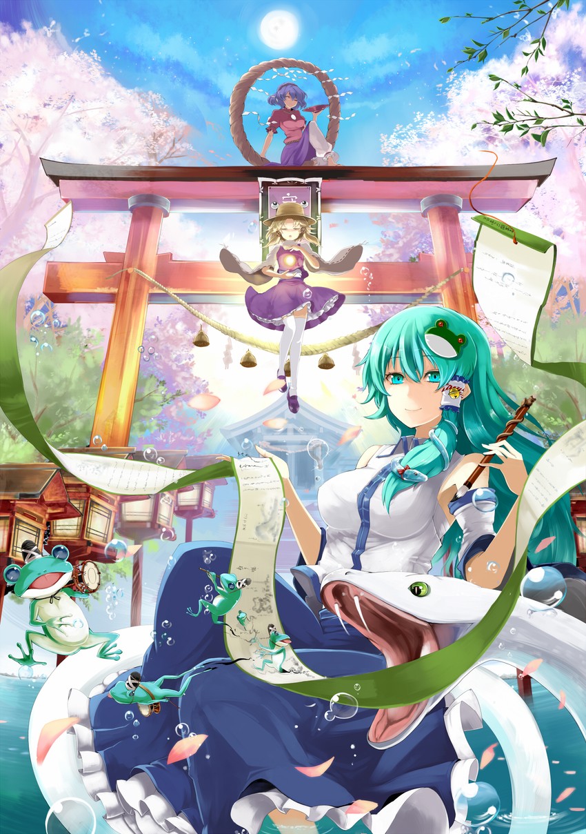kochiya sanae, moriya suwako, yasaka kanako, and mishaguji (touhou) drawn by emerane