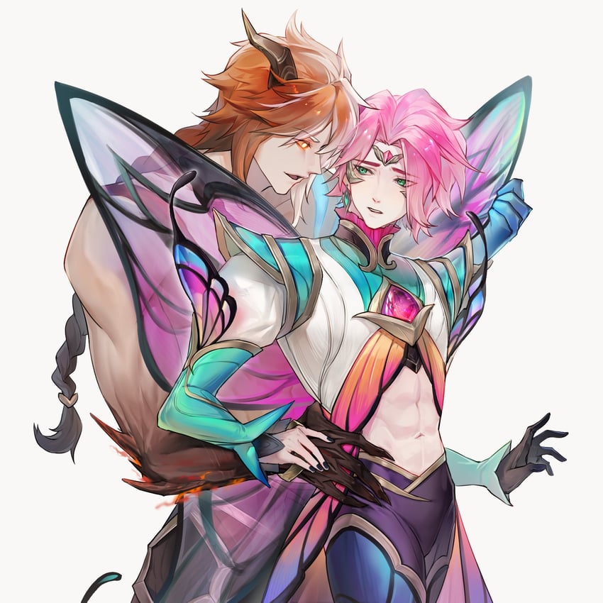 ezreal, kayn, faerie court ezreal, and nightbringer kayn (league of legends) drawn by dudududu_(hhdgccnm)