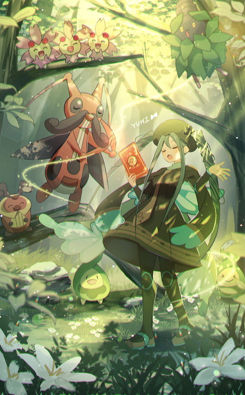 hatsune miku, budew, cherrim, bug miku, kricketune, and 2 more (pokemon and 2 more) drawn by yuhi_(hssh_6)