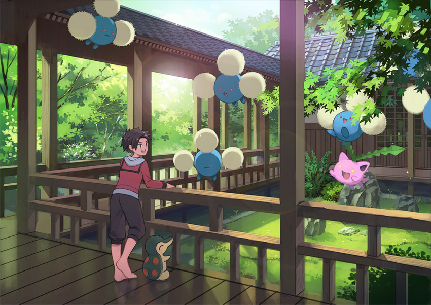 ethan, cyndaquil, hoppip, and jumpluff (pokemon and 1 more) drawn by xichii