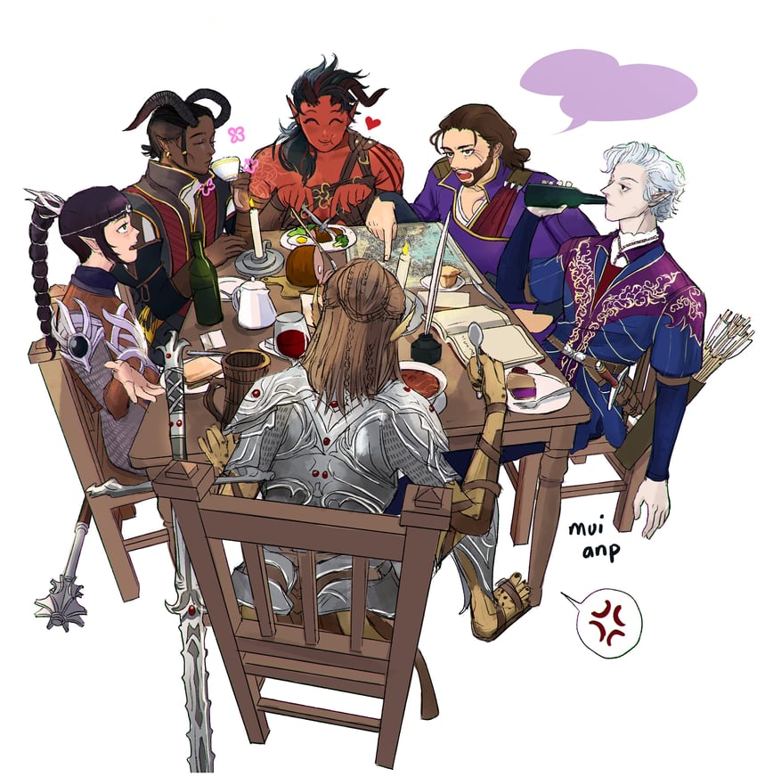 shadowheart, karlach, astarion, tav, lae'zel, and 1 more (dungeons & dragons and 2 more) drawn by mui_anp