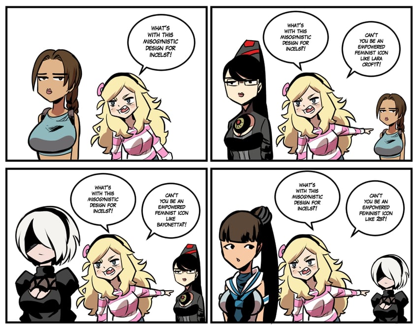 2b, bayonetta, eve, lara croft, and lillian woods (nier and 4 more) drawn by kukuruyo