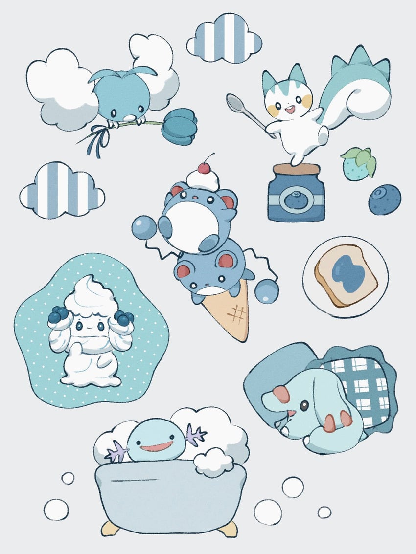 pachirisu, alcremie, marill, swablu, wooper, and 1 more (pokemon) drawn by sumi_fms