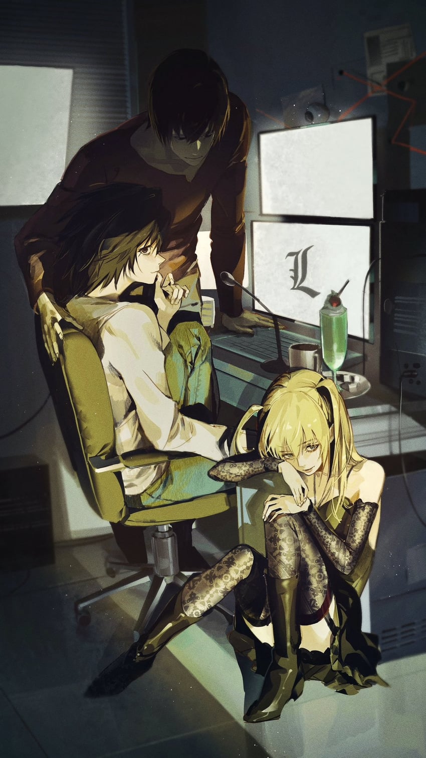 yagami light, l, and amane misa (death note) drawn by doodoopi4