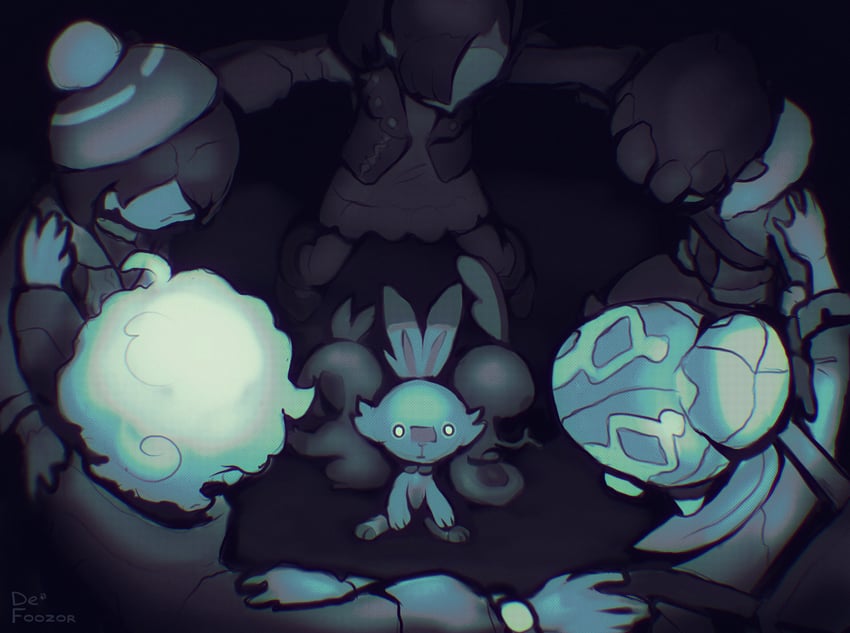 marnie, gloria, scorbunny, sobble, hop, and 3 more (pokemon and 1 more) drawn by dirtyfox911911