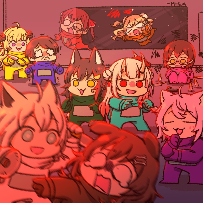 houshou marine, shirakami fubuki, nekomata okayu, ookami mio, oozora subaru, and 8 more (hololive and 1 more) drawn by wakatsuki_misato