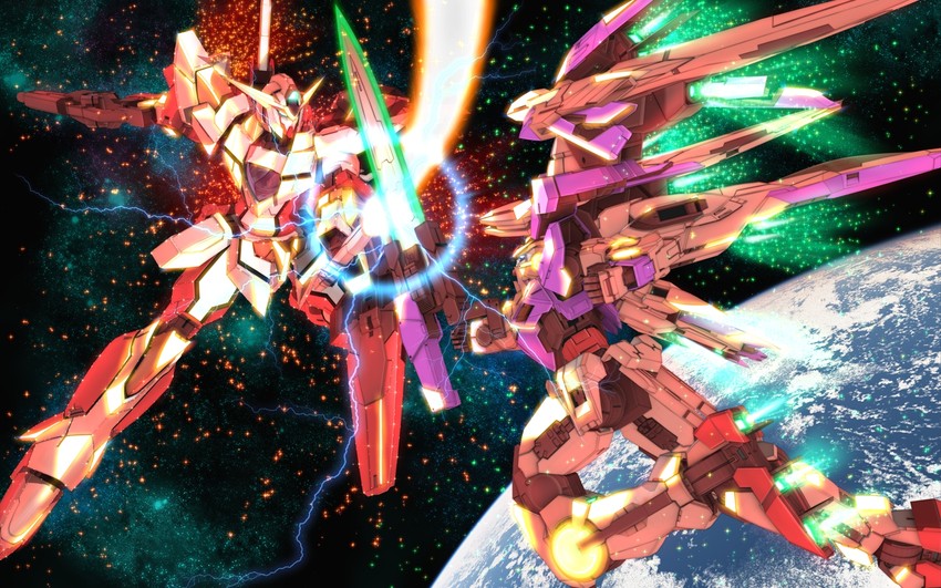 00 gundam, 00 raiser, and reborns gundam (gundam and 1 more) drawn by zefai