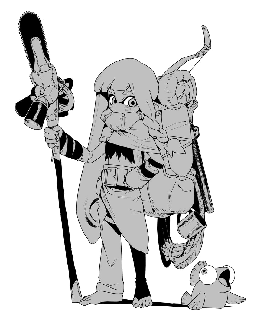 inkling player character, inkling girl, and smallfry (splatoon and 1 more) drawn by chomoran