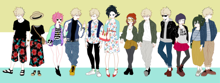uraraka ochaco, bakugou katsuki, asui tsuyu, yaoyorozu momo, ashido mina, and 2 more (boku no hero academia) drawn by n0k0n0
