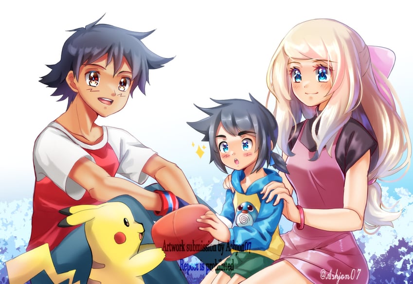 pikachu, ash ketchum, and serena (pokemon and 1 more) drawn by ashujou