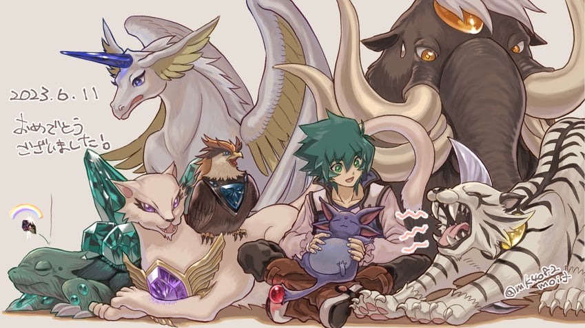 johan andersen, crystal beast ruby carbuncle, crystal beast sapphire pegasus, crystal beast amethyst cat, crystal beast emerald tortoise, and 3 more (yu-gi-oh! and 1 more) drawn by moiko