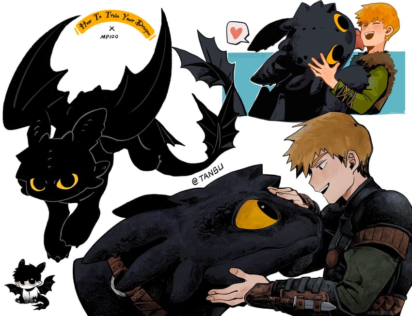 kageyama shigeo, reigen arataka, toothless, and hiccup horrendous haddock iii (mob psycho 100 and 2 more) drawn by tansu1010