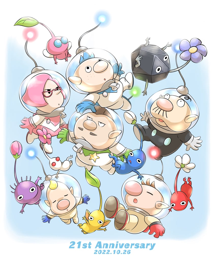 red pikmin, olimar, yellow pikmin, blue pikmin, purple pikmin, and 8 more (pikmin) drawn by aogaeru_(pixiv46613656)