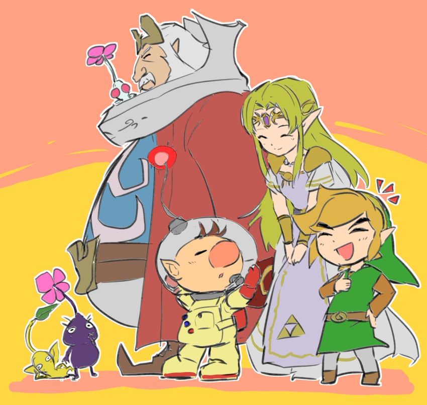 link, princess zelda, toon link, olimar, yellow pikmin, and 3 more (the legend of zelda and 3 more) drawn by isibatamako
