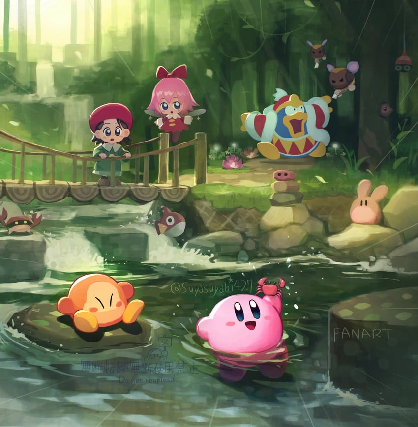 kirby, waddle dee, king dedede, adeleine, ribbon, and 7 more (kirby and 1 more) drawn by suyasuyabi