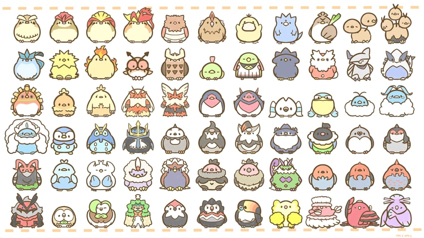 rowlet, piplup, torchic, altaria, psyduck, and 56 more (pokemon) drawn by 773mimisuke