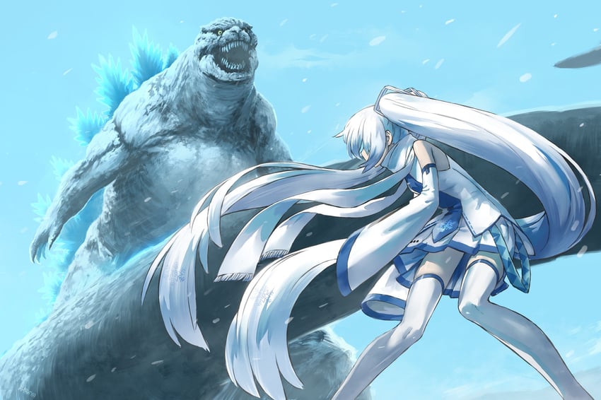 hatsune miku, yuki miku, godzilla, and snow godzilla (vocaloid and 2 more) drawn by haraya_manawari