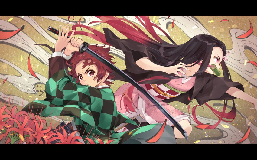 kamado nezuko and kamado tanjirou (kimetsu no yaiba) drawn by rupinesu