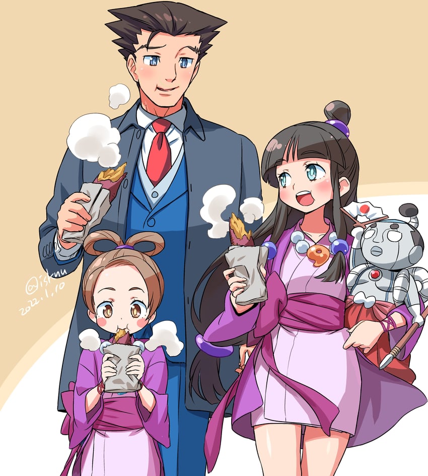 phoenix wright, maya fey, pearl fey, and steel samurai (ace attorney) drawn by isedaichi_ken