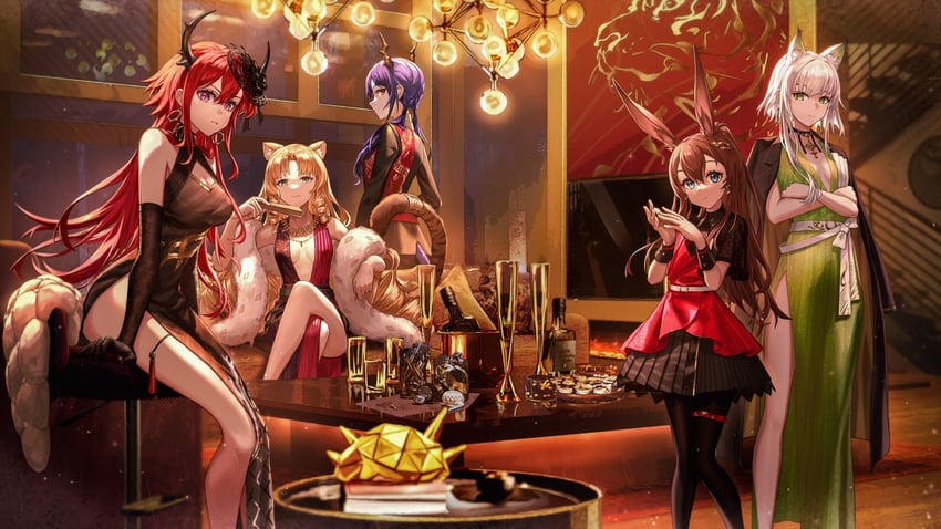 amiya, kal'tsit, surtr, ch'en, swire, and 1 more (arknights) drawn by wu_lun_wujin