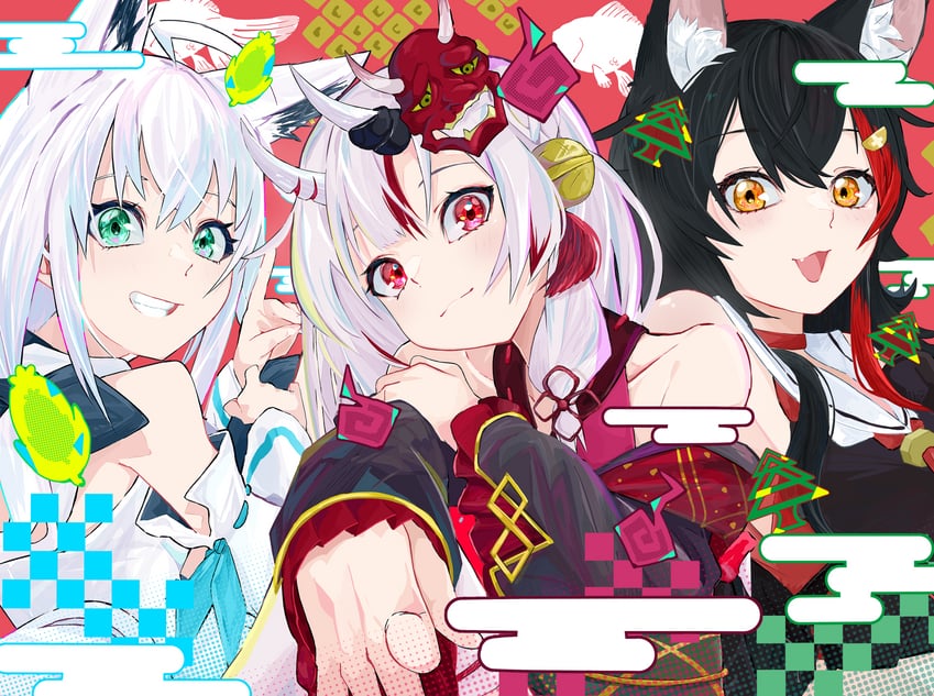 shirakami fubuki, ookami mio, and nakiri ayame (hololive) drawn by ao_no_kitsune