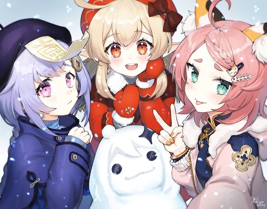 paimon, klee, qiqi, and diona (genshin impact) drawn by noixen