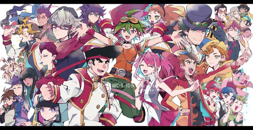 hiiragi yuzu, sakaki yuya, sawatari shingo, kotsu masumi, akaba reiji, and 25 more (yu-gi-oh! and 1 more) drawn by teketeke_(tasutekete)