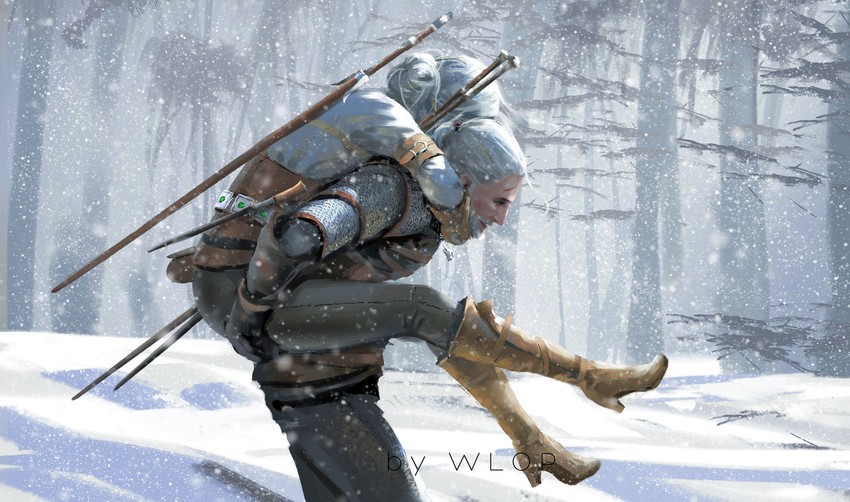 ciri and geralt of rivia (the witcher and 1 more) drawn by wlop