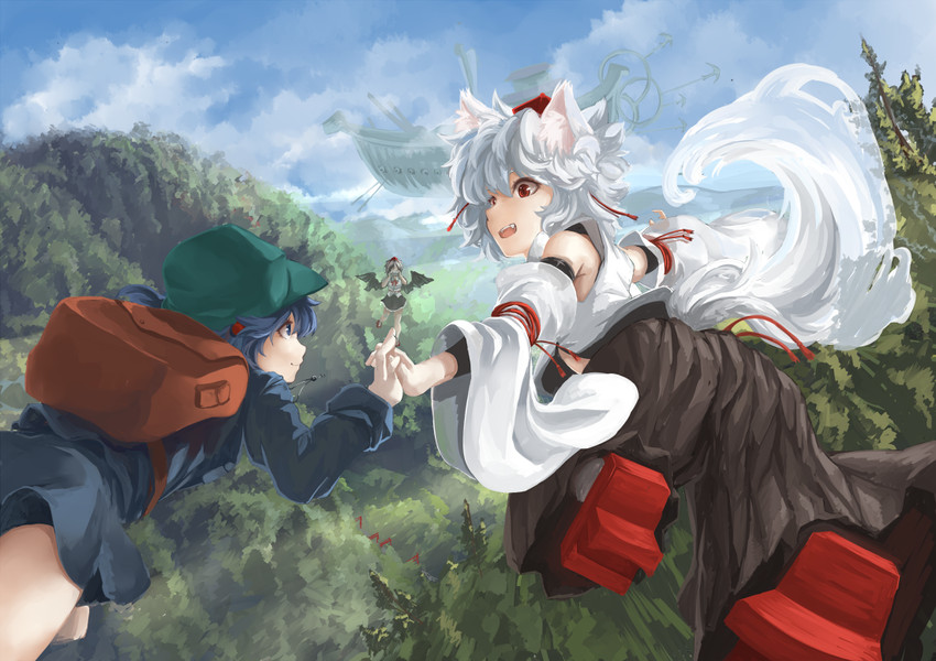 shameimaru aya, inubashiri momiji, and kawashiro nitori (touhou) drawn by shirorin_(ballet_girl's)