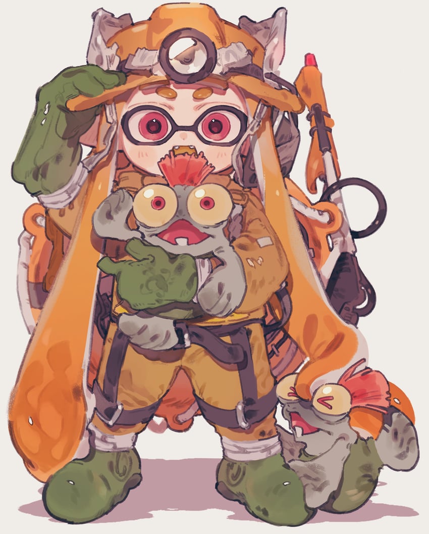 inkling player character, inkling girl, and smallfry (splatoon and 1 more) drawn by 0_05kmgrn