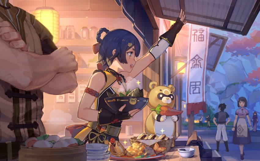 xiangling, guoba, and chef mao (genshin impact) drawn by ddal