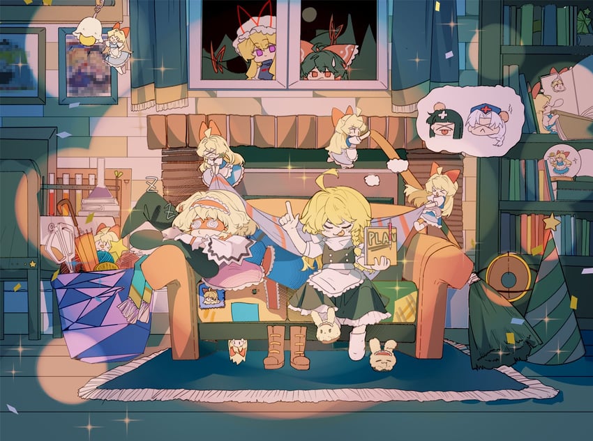 hakurei reimu, kirisame marisa, alice margatroid, yakumo yukari, houraisan kaguya, and 2 more (touhou and 1 more) drawn by xian_qishui