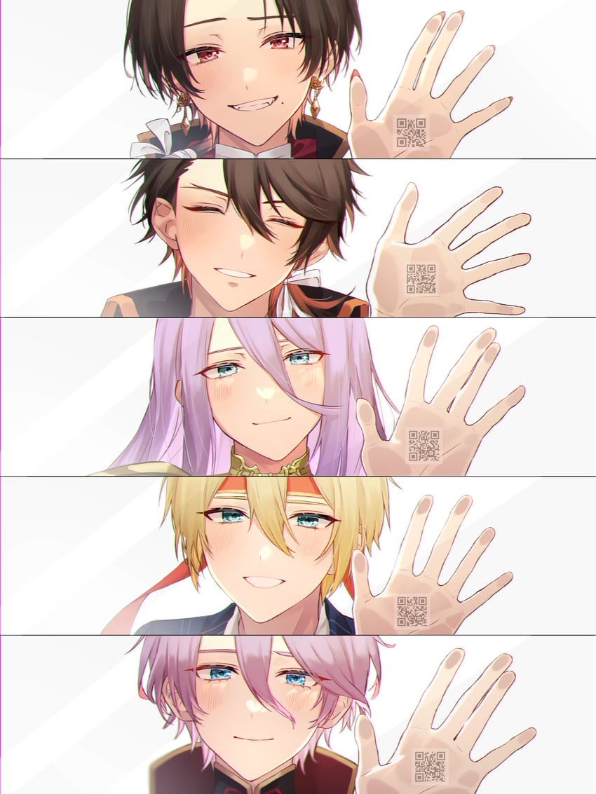 kashuu kiyomitsu, yamanbagiri kunihiro, mutsu-no-kami yoshiyuki, kasen kanesada, and hachisuka kotetsu (touken ranbu) drawn by yonemaru