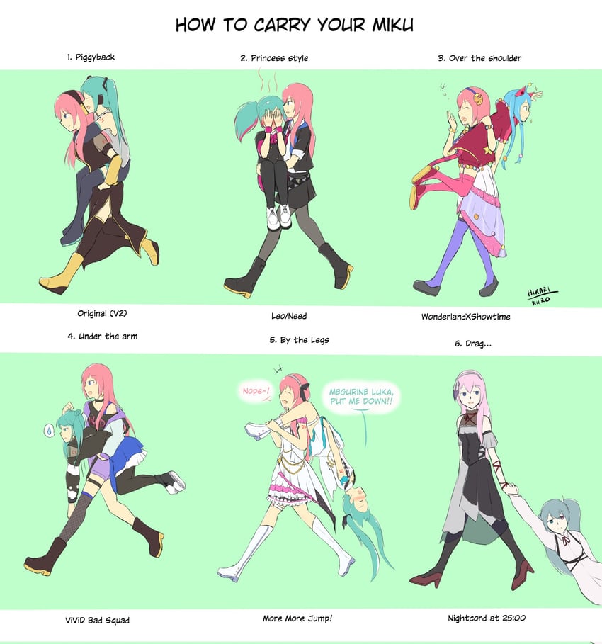hatsune miku, megurine luka, 25-ji miku, wonderlands x showtime miku, vivid bad squad miku, and 7 more (vocaloid and 1 more) drawn by hikarikiiro