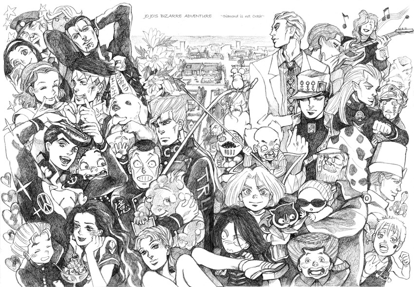 joseph joestar, kujo jotaro, higashikata josuke, kishibe rohan, kira yoshikage, and 30 more (jojo no kimyou na bouken and 1 more) drawn by bud_(korovsme)