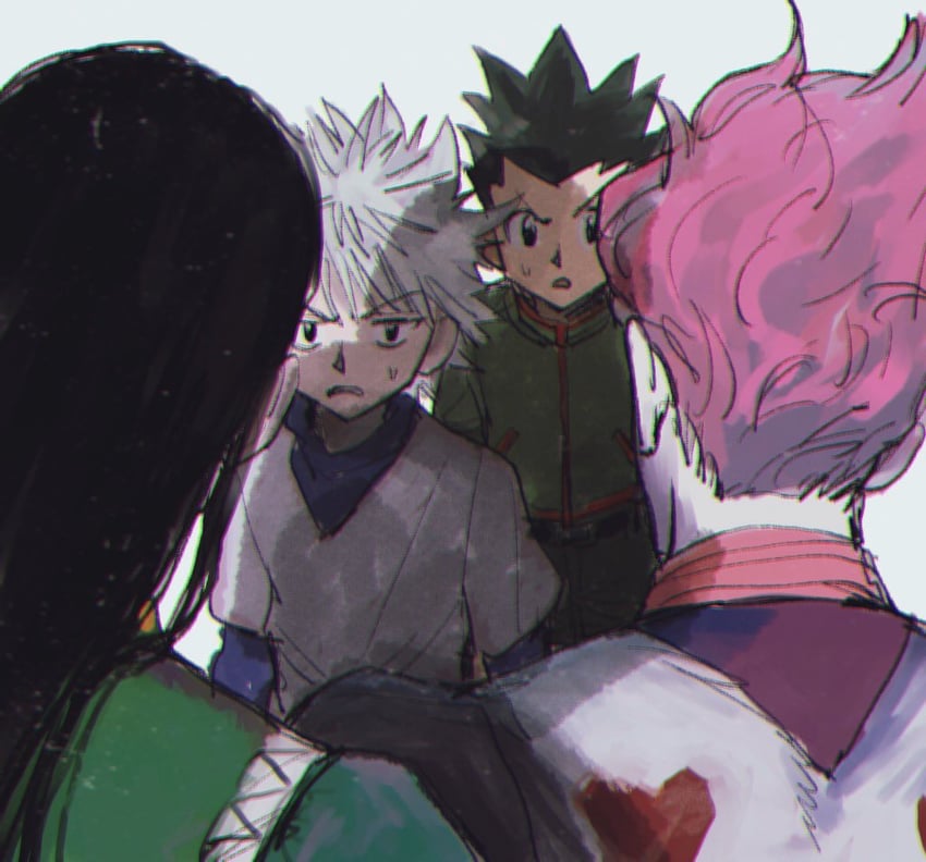 killua zoldyck, gon freecss, hisoka morow, and illumi zoldyck (hunter x hunter) drawn by torohiko