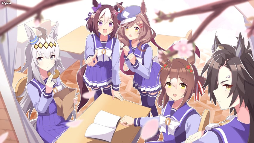 special week, oguri cap, matikane tannhauser, fine motion, and air shakur (umamusume and 1 more) drawn by ryuu_(ryuraconis)