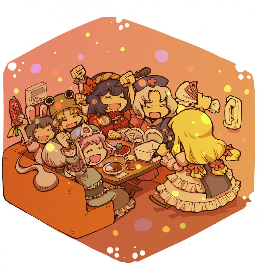konpaku youmu, yakumo yukari, saigyouji yuyuko, moriya suwako, inaba tewi, and 2 more (touhou) drawn by hounori