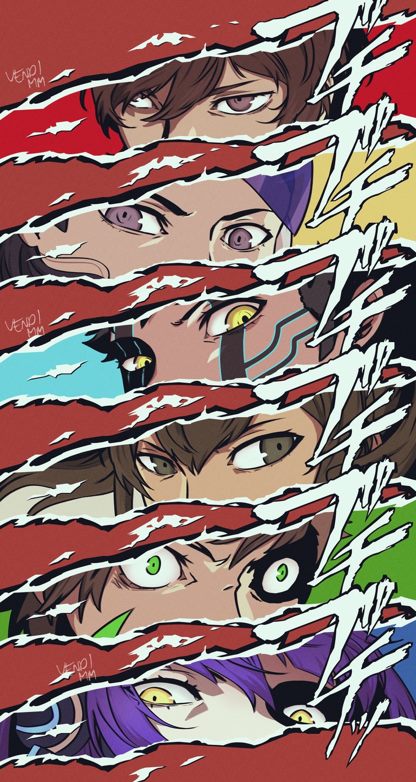 protagonist, demi-fiend, flynn, aleph, nanashi, and 1 more (persona and 9 more) drawn by vendi_mm