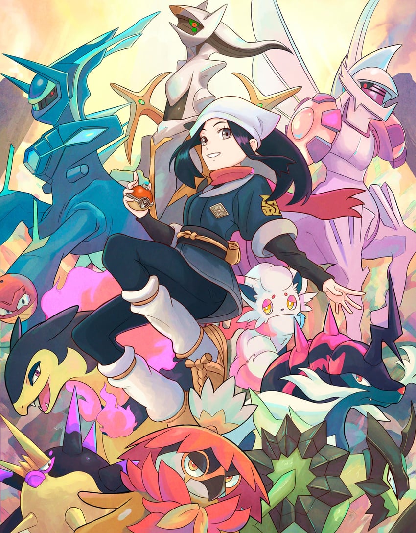 akari, hisuian zorua, arceus, dialga, hisuian typhlosion, and 6 more (pokemon and 1 more) drawn by truejekart