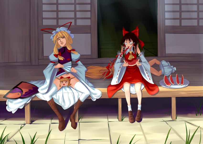 hakurei reimu, yakumo yukari, and ibuki suika (touhou) drawn by ni_piao_xiancai