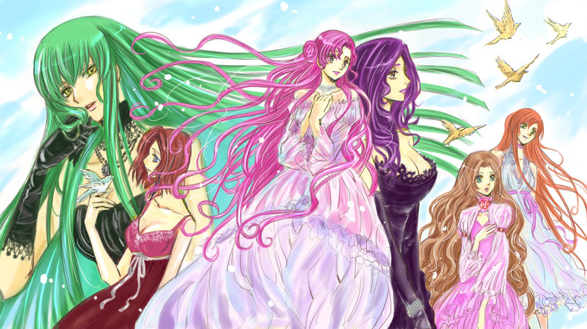 c.c., kouzuki kallen, nunnally vi britannia, euphemia li britannia, shirley fenette, and 1 more (code geass) drawn by kaoru
